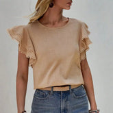 Shirt O-neck Ruffle Short Sleeve Pullover Solid Color Blouse
